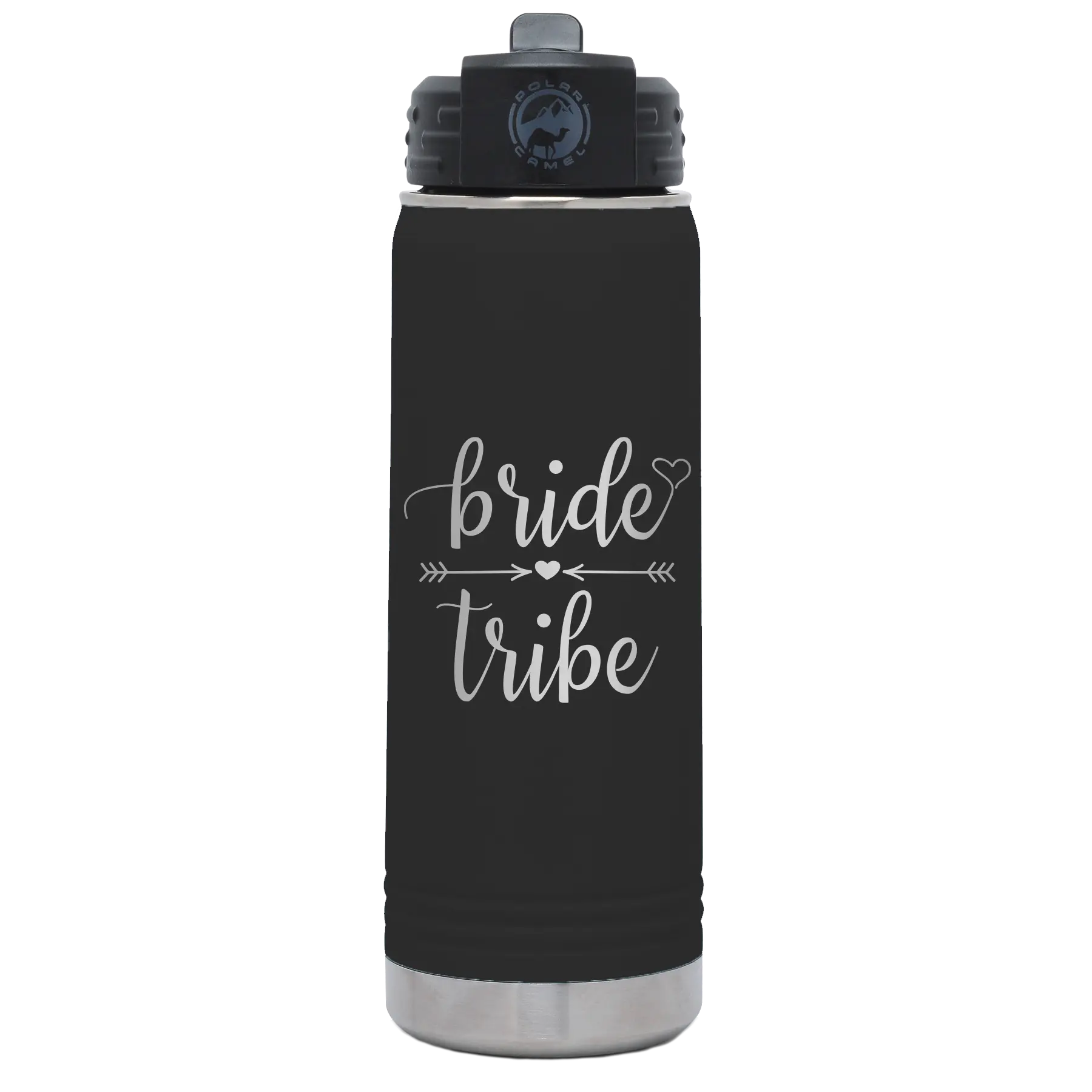 Laser etched black 20 oz vacuum insulated water bottle with 'Bride Tribe' design