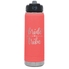 Laser etched coral 20 oz vacuum insulated water bottle with 'Bride Tribe' design