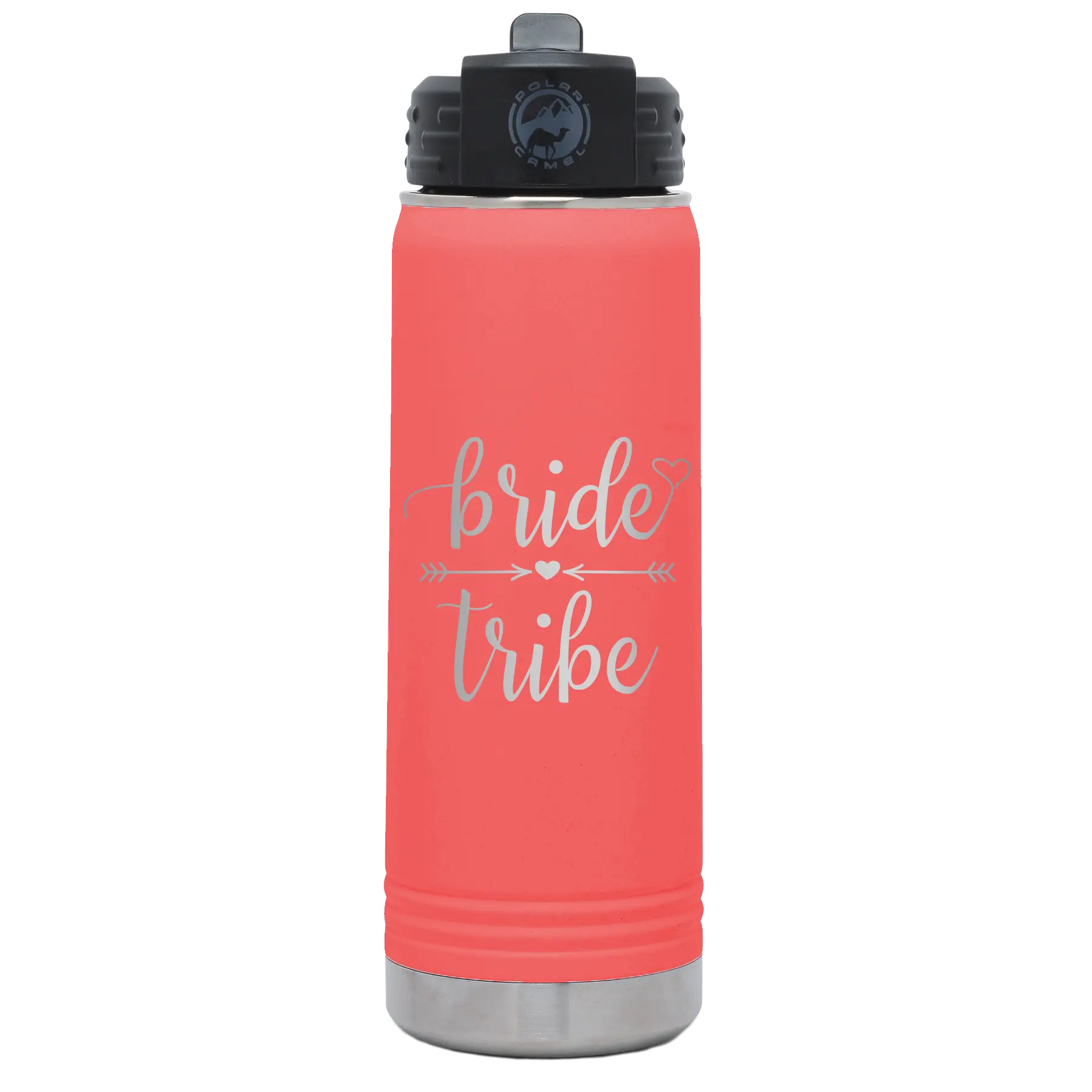 Laser etched coral 20 oz vacuum insulated water bottle with 'Bride Tribe' design