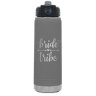 Laser etched dark gray 20 oz vacuum insulated water bottle with 'Bride Tribe' design