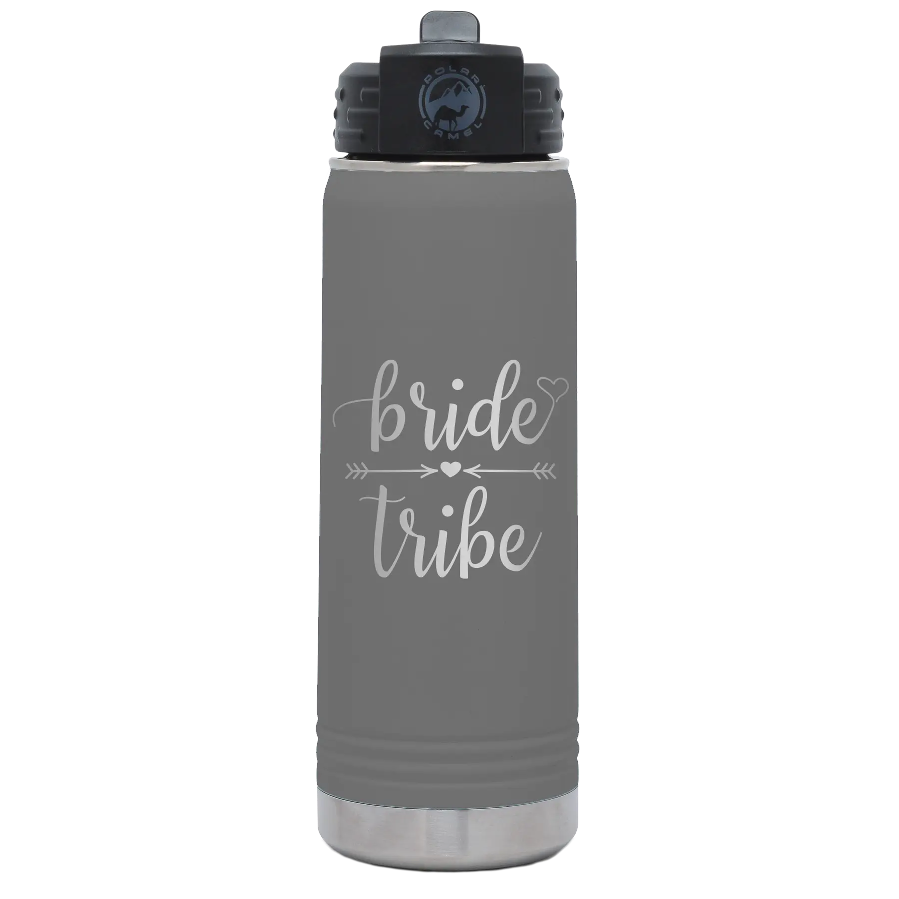 Laser etched dark gray 20 oz vacuum insulated water bottle with 'Bride Tribe' design