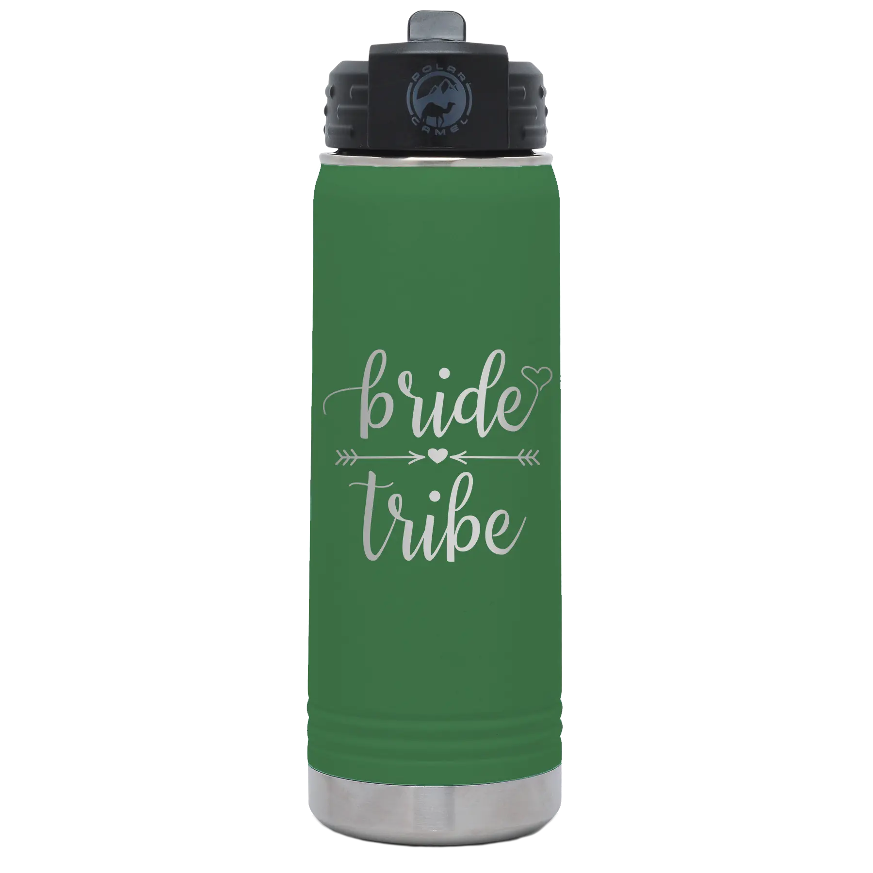 Laser etched green 20 oz vacuum insulated water bottle with 'Bride Tribe' design