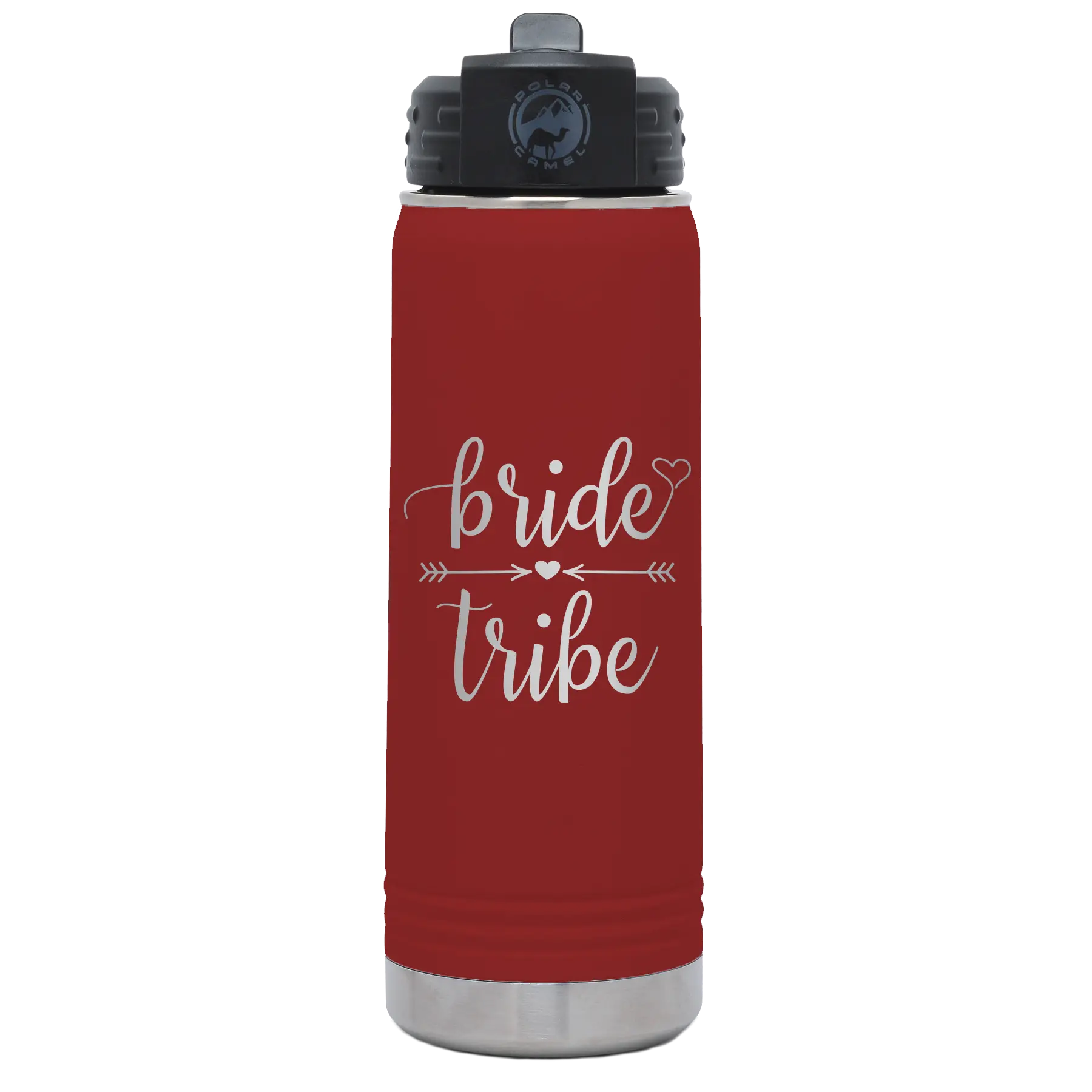 Laser etched maroon 20 oz vacuum insulated water bottle with 'Bride Tribe' design
