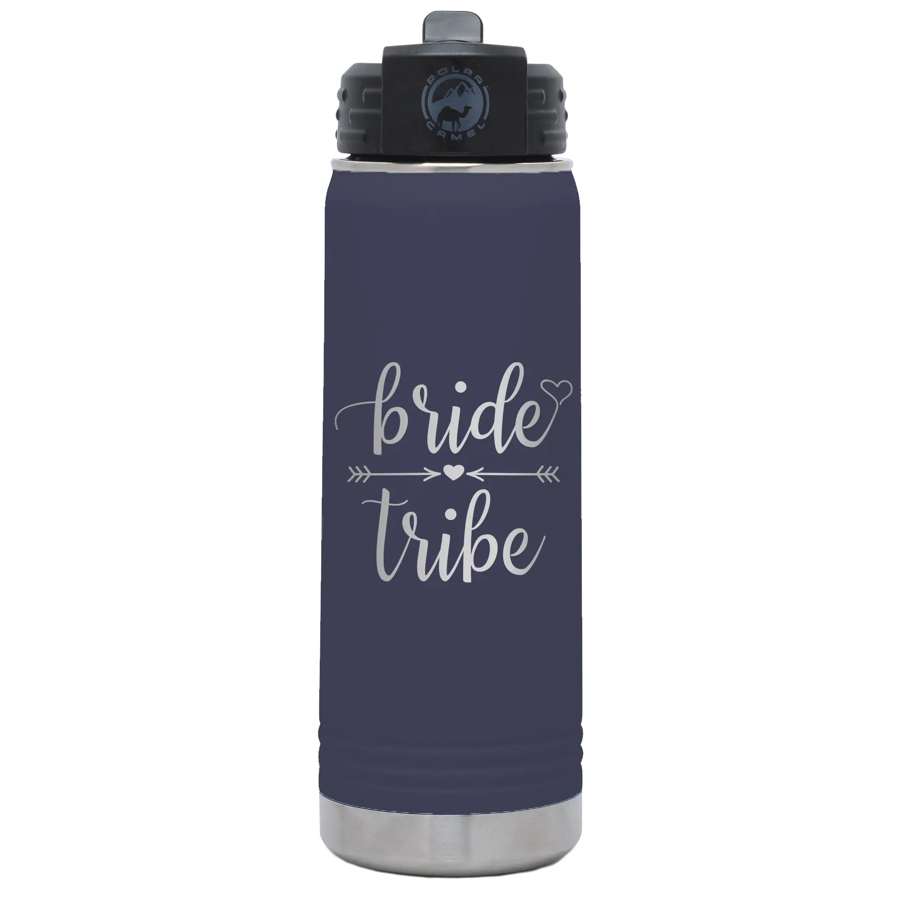 Laser etched navy 20 oz vacuum insulated water bottle with 'Bride Tribe' design