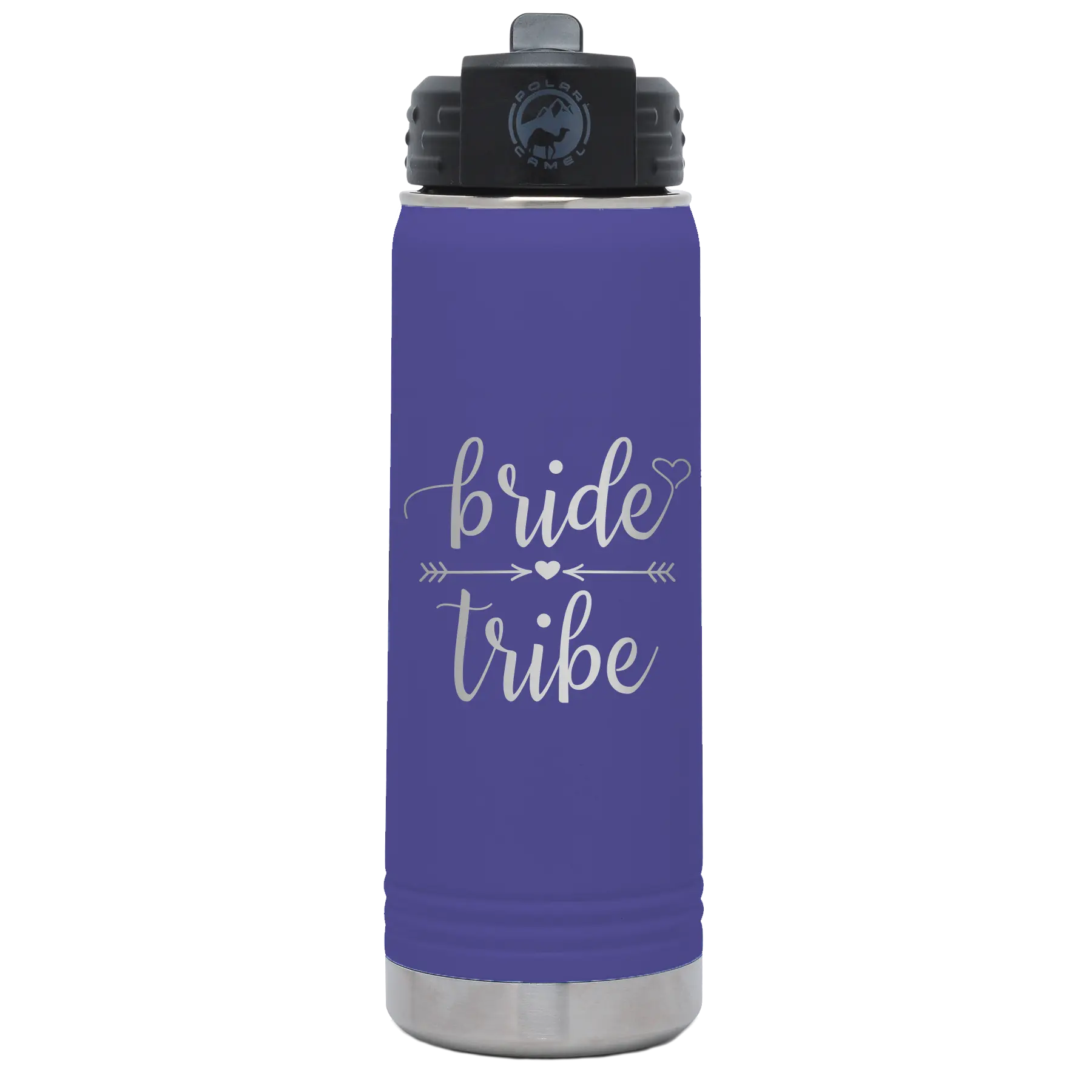 Laser etched purple 20 oz vacuum insulated water bottle with 'Bride Tribe' design