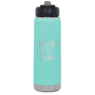 Laser etched teal 20 oz vacuum insulated water bottle with 'Bride Tribe' design