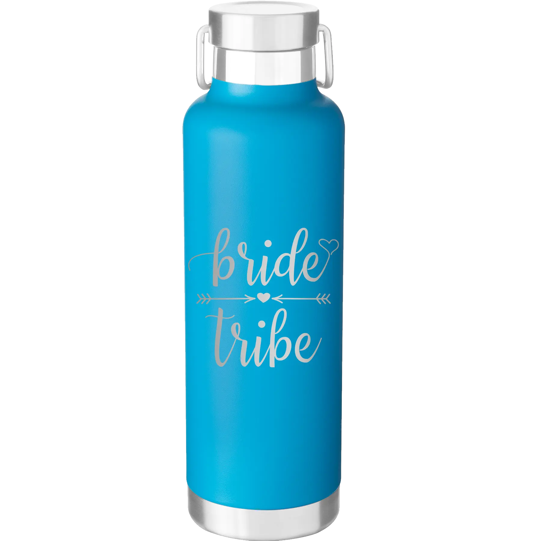 Laser etched aqua 24 oz vacuum insulated water bottle with 'Bride Tribe' design