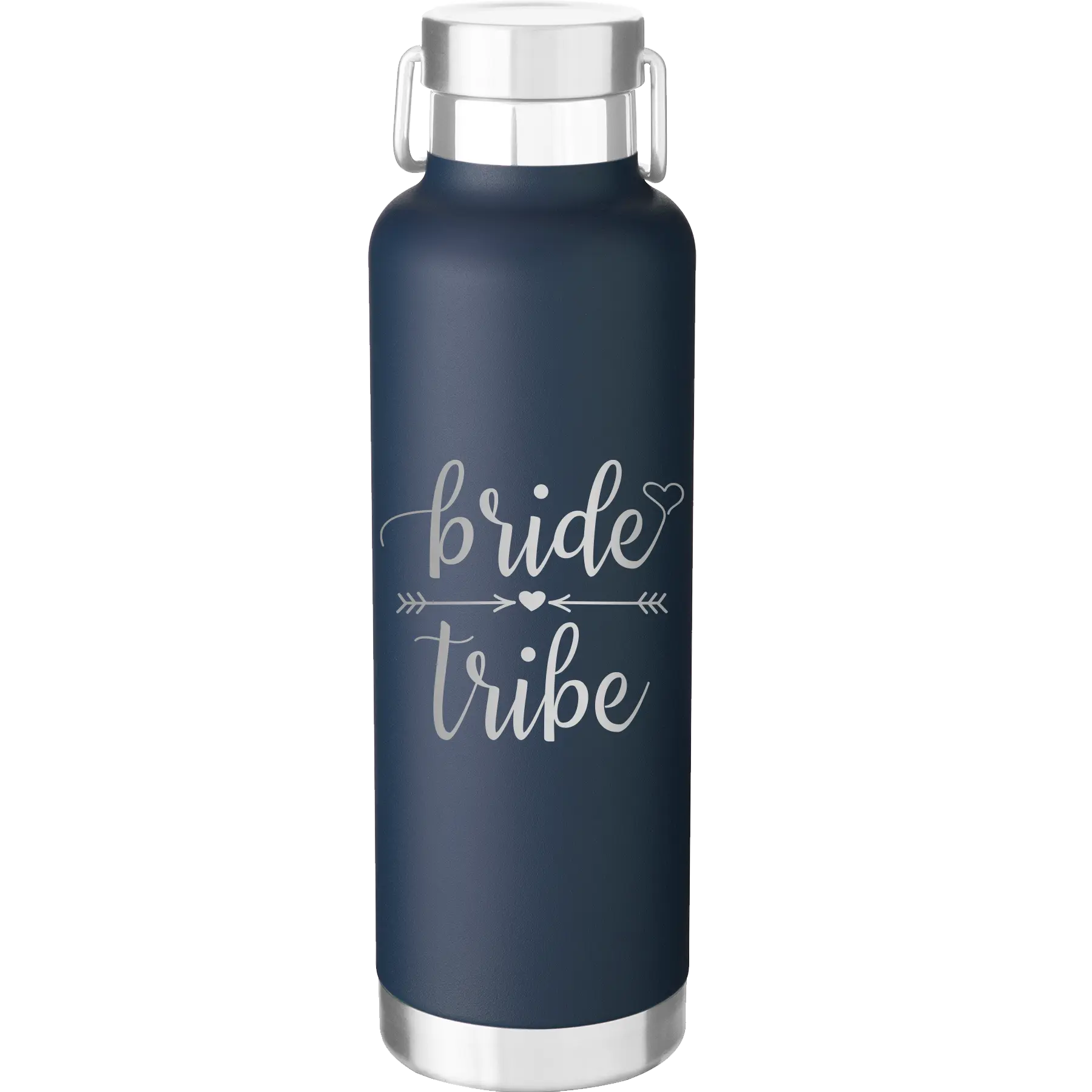 Laser etched navy 24 oz vacuum insulated water bottle with 'Bride Tribe' design