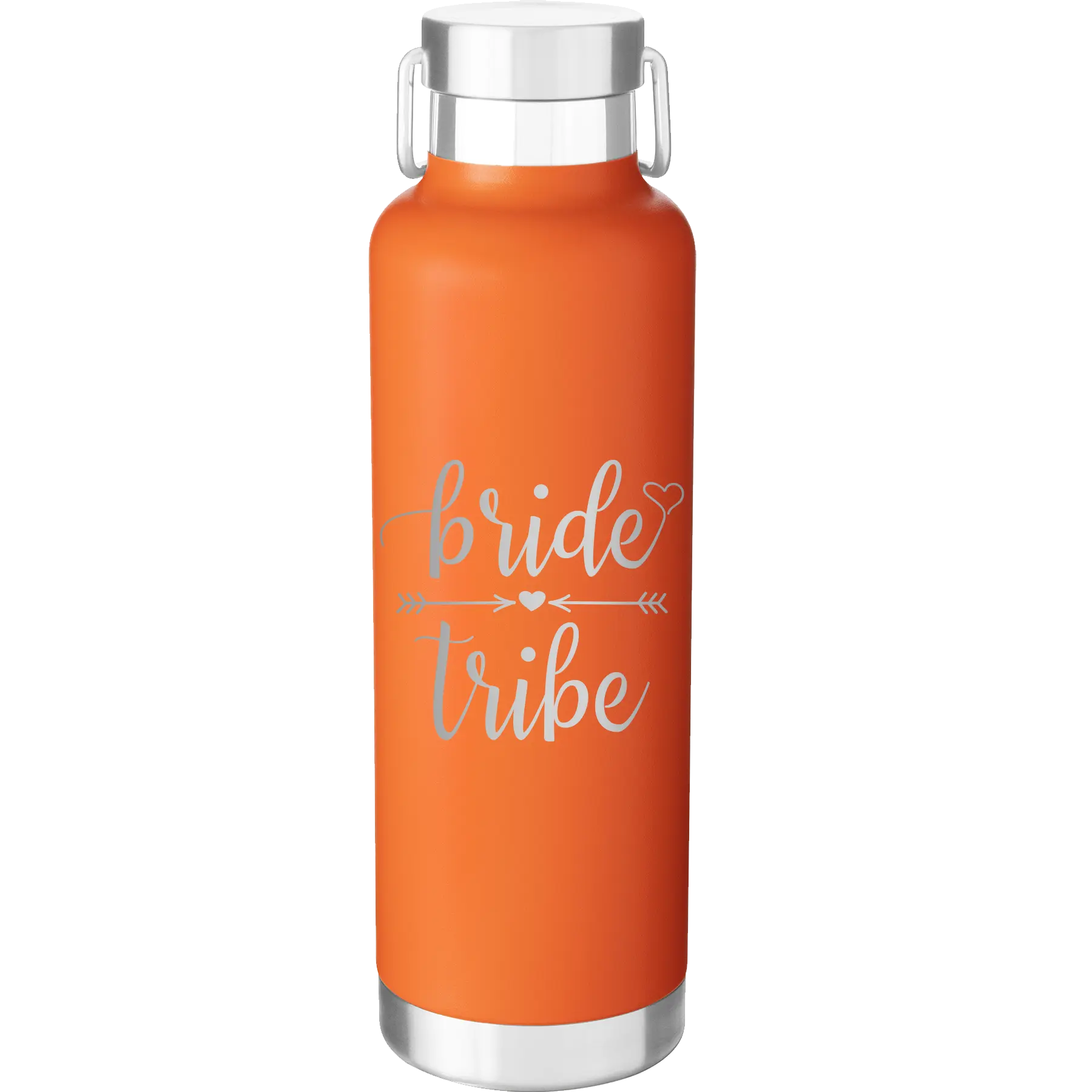Laser etched orange 24 oz vacuum insulated water bottle with 'Bride Tribe' design