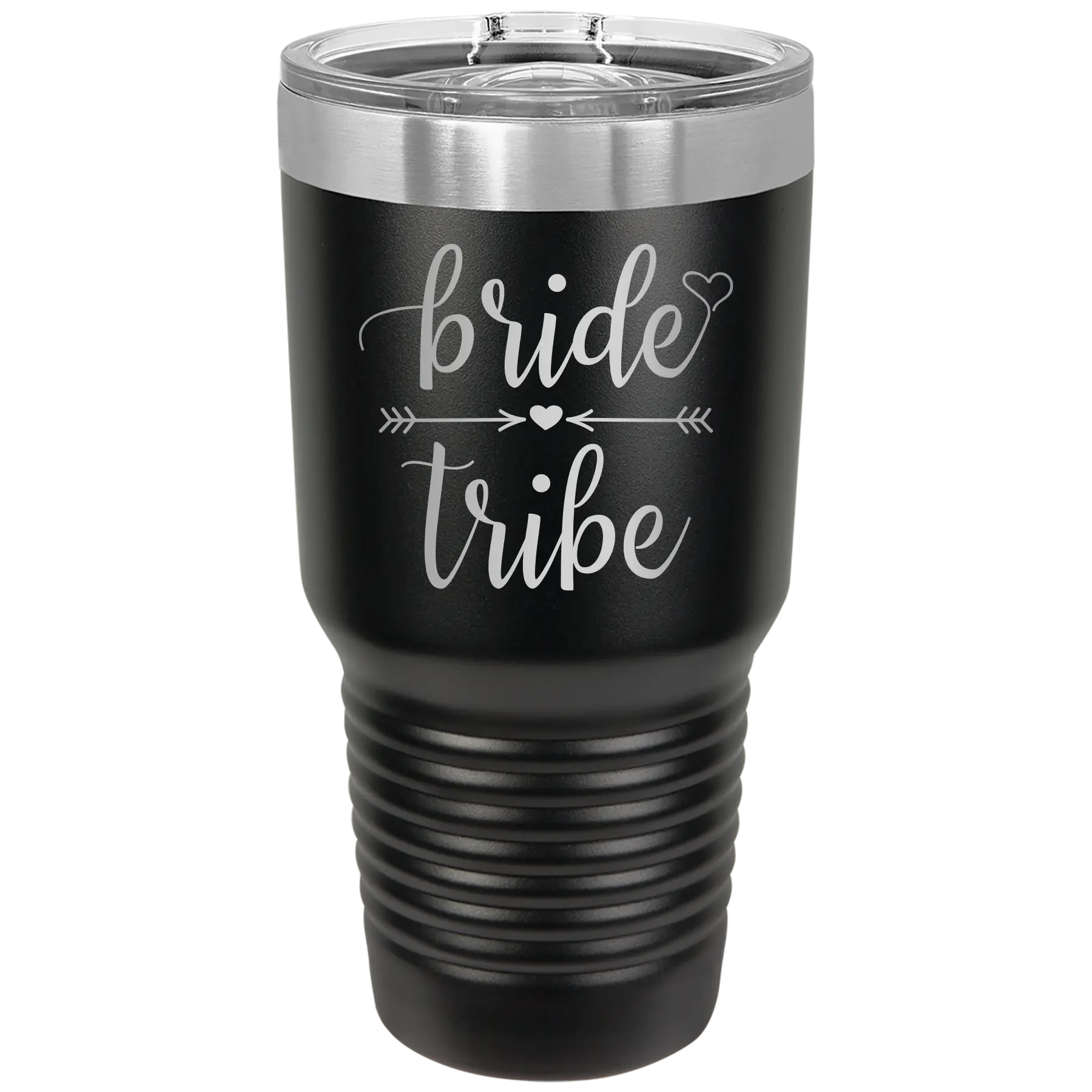 Laser etched black 30 oz vacuum insulated tumbler with 'Bride Tribe' design