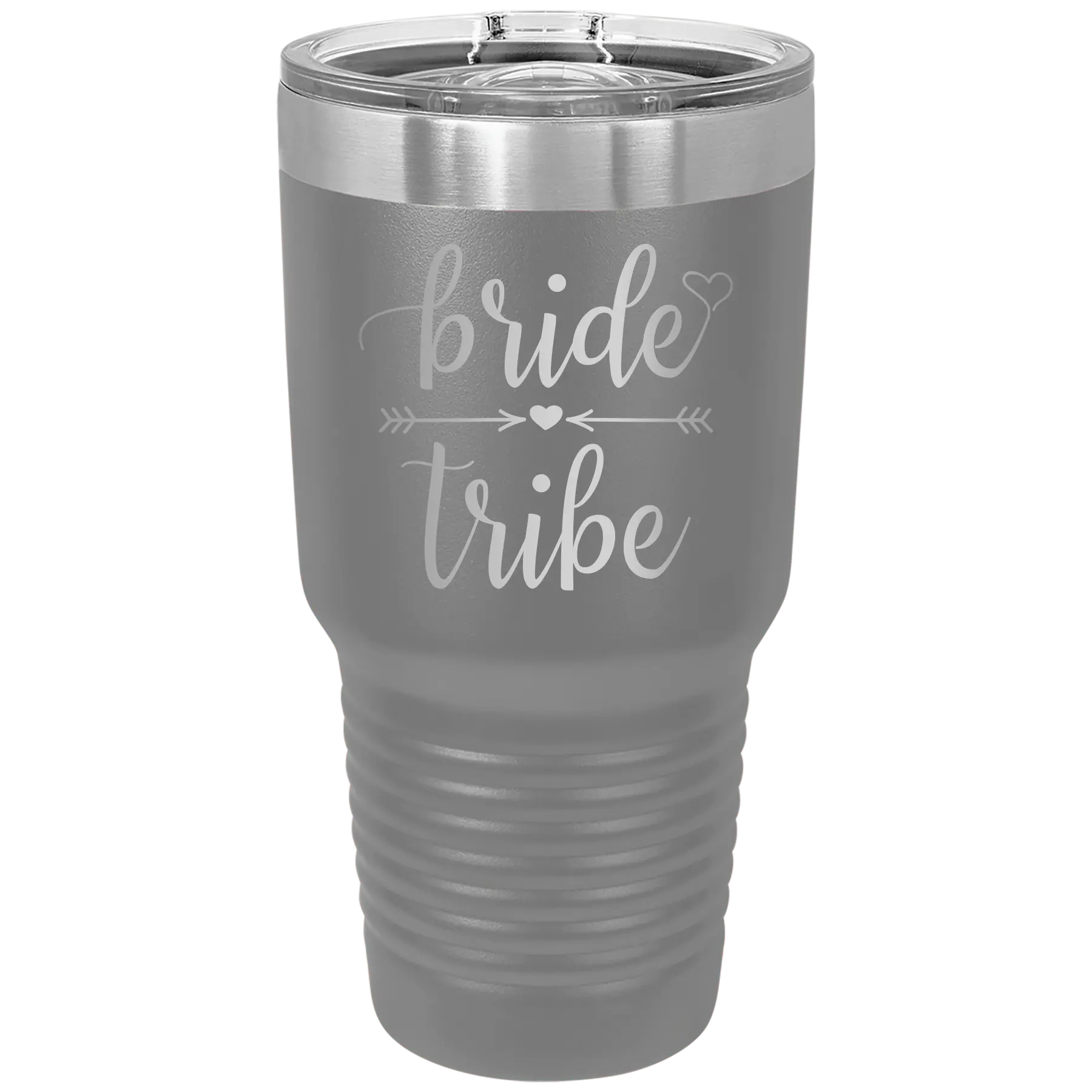 Laser etched dark gray 30 oz vacuum insulated tumbler with 'Bride Tribe' design
