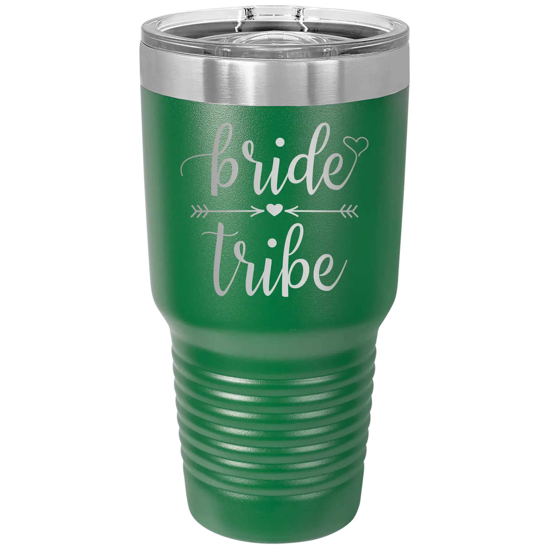 Laser etched green 30 oz vacuum insulated tumbler with 'Bride Tribe' design