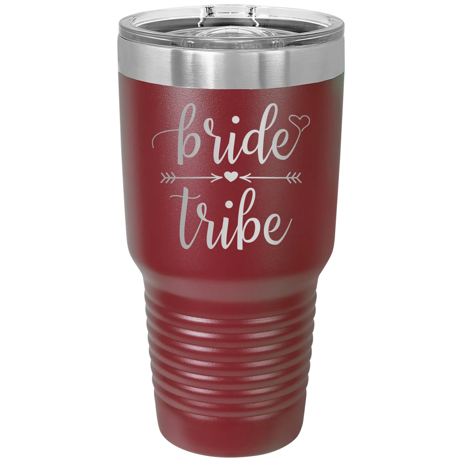 Laser etched maroon 30 oz vacuum insulated tumbler with 'Bride Tribe' design