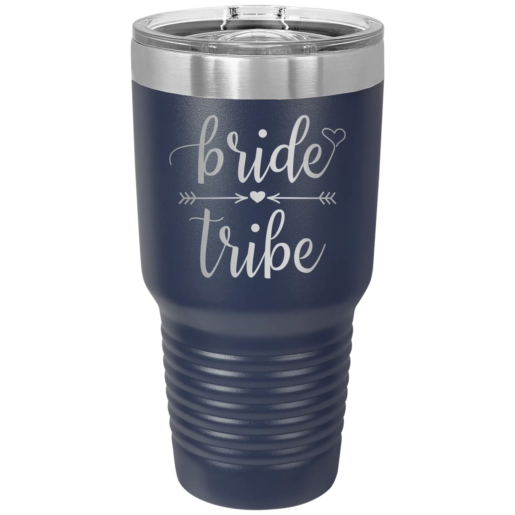 Laser etched navy 30 oz vacuum insulated tumbler with 'Bride Tribe' design