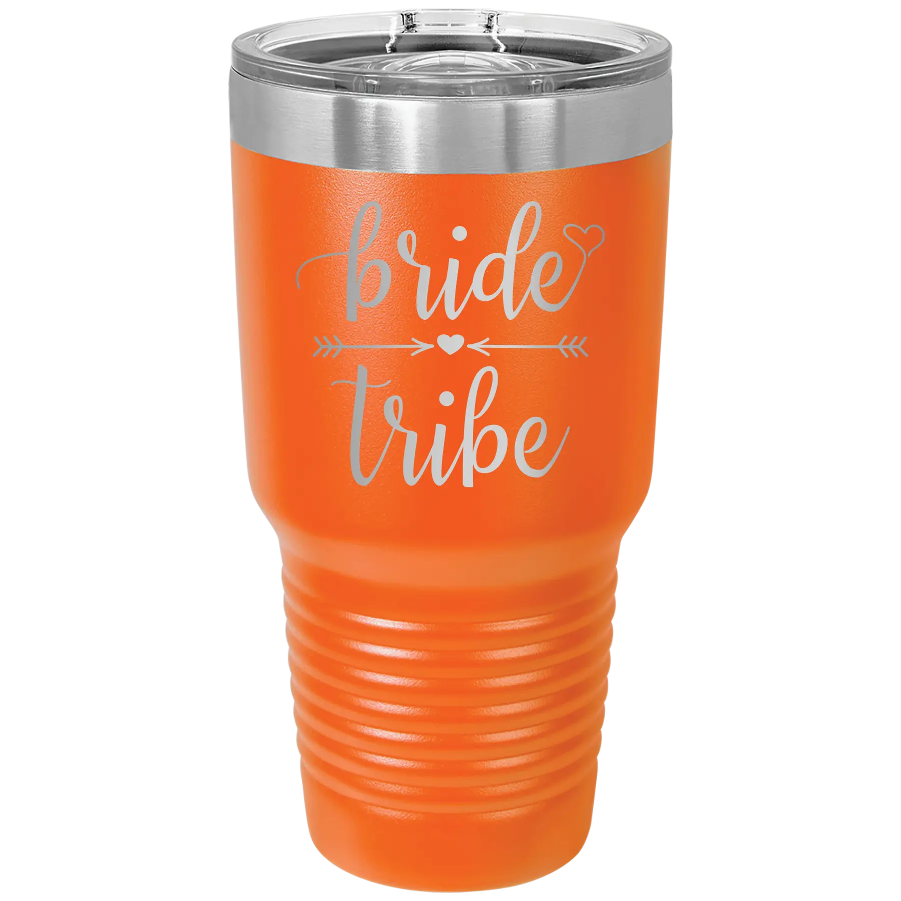 Laser etched orange 30 oz vacuum insulated tumbler with 'Bride Tribe' design