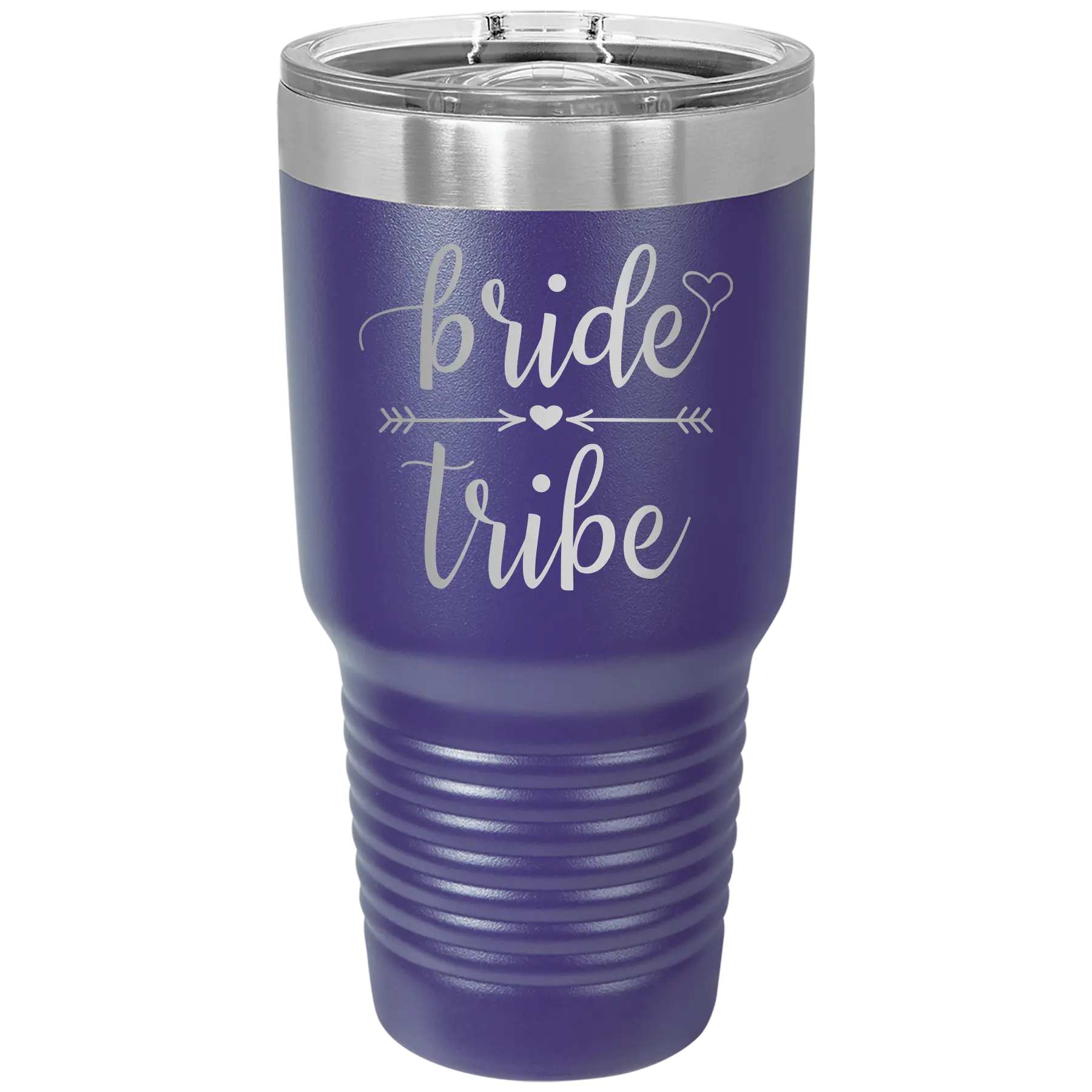 Laser etched purple 30 oz vacuum insulated tumbler with 'Bride Tribe' design