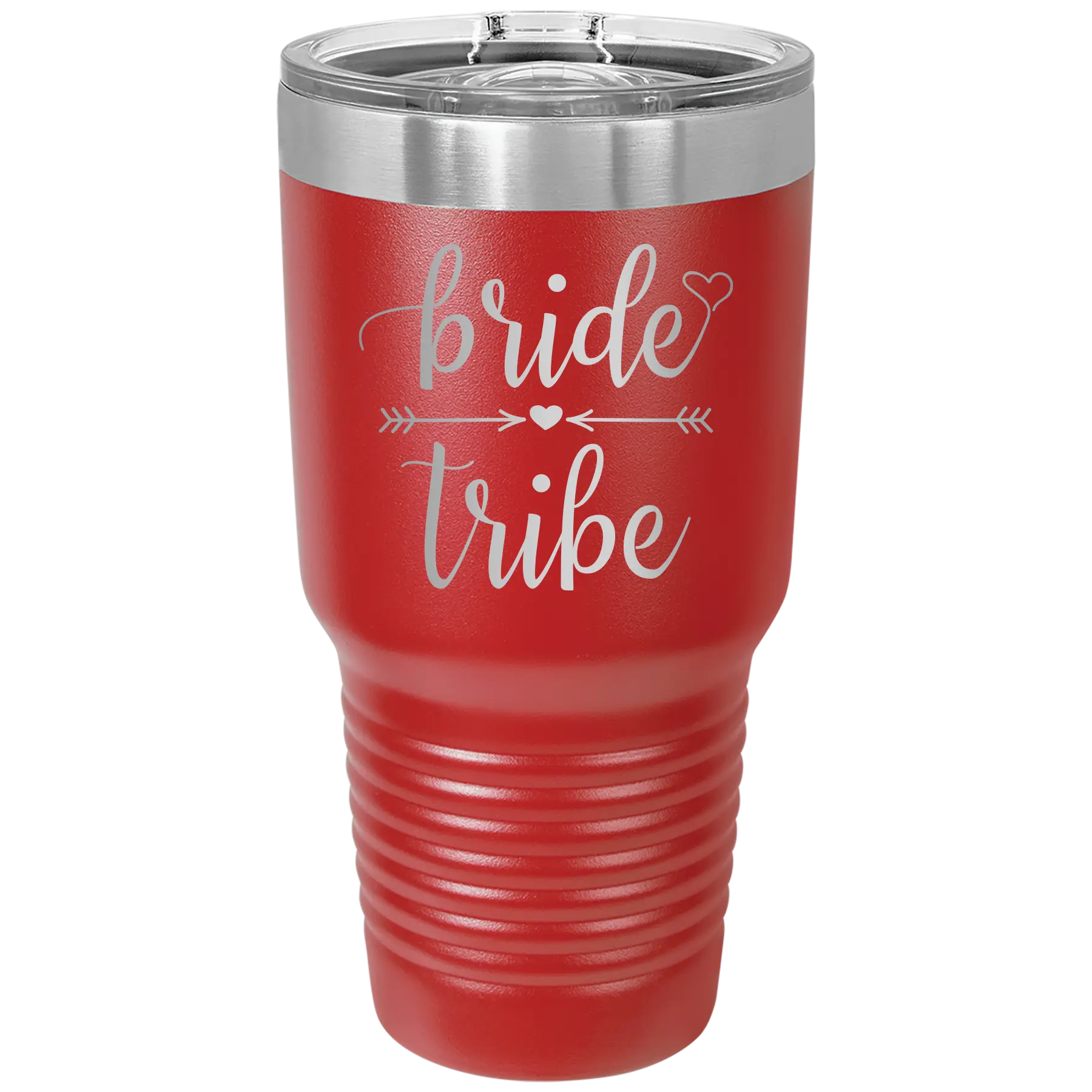 Laser etched red 30 oz vacuum insulated tumbler with 'Bride Tribe' design