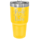 Laser etched yellow 30 oz vacuum insulated tumbler with 'Bride Tribe' design