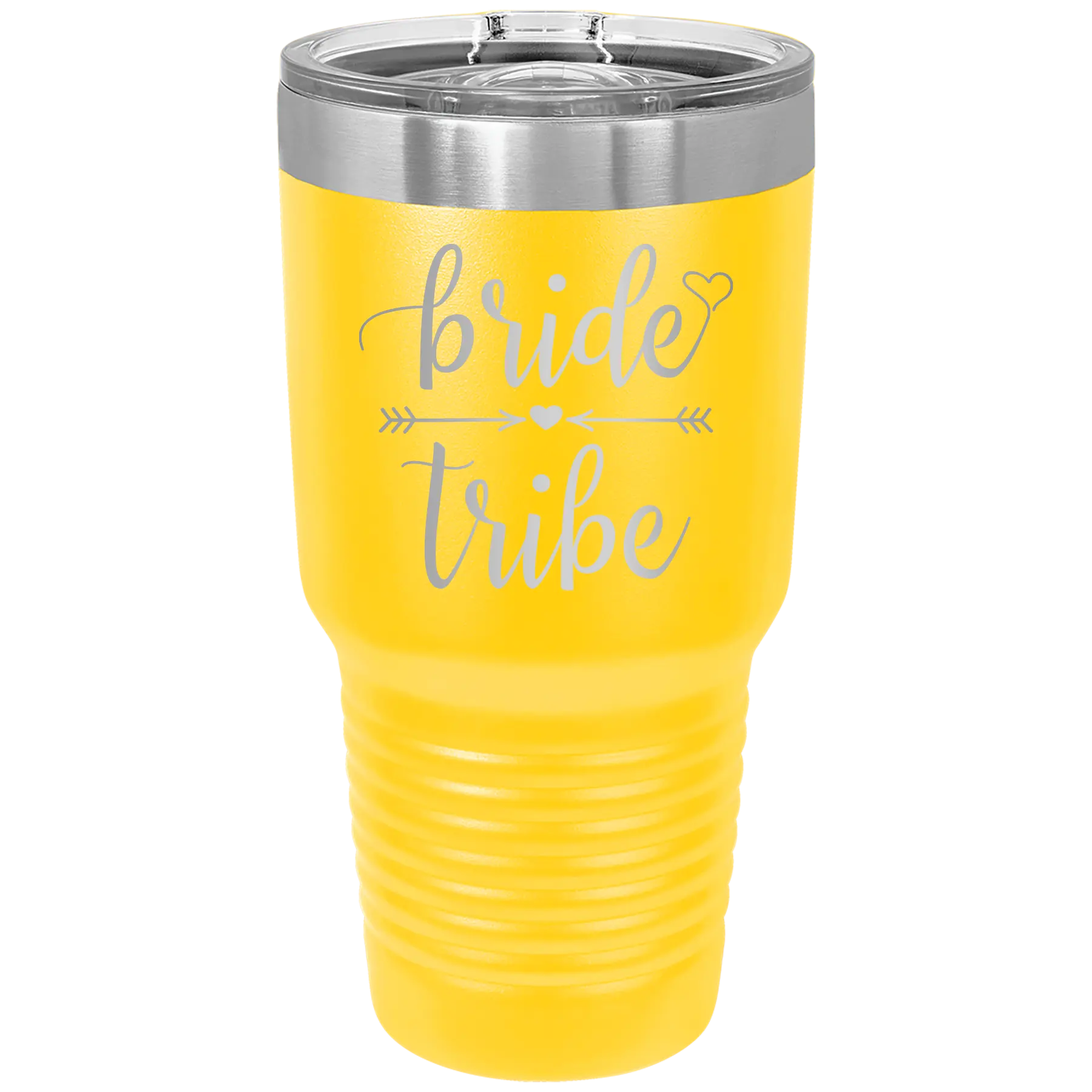 Laser etched yellow 30 oz vacuum insulated tumbler with 'Bride Tribe' design
