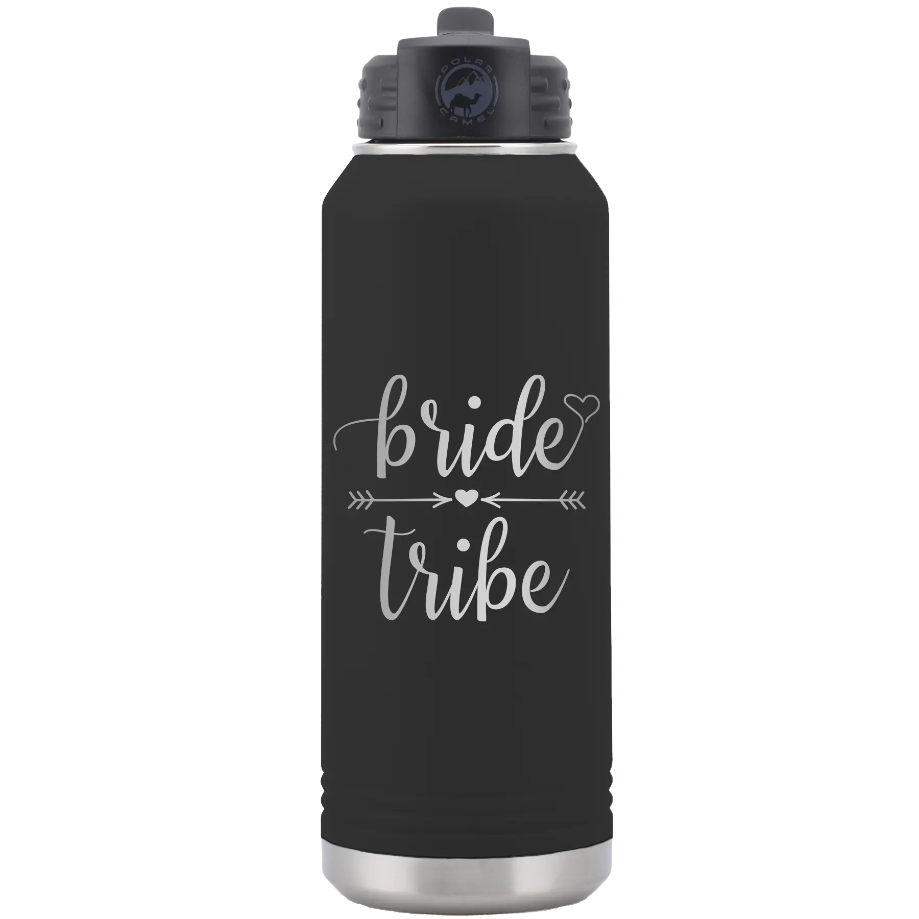 Laser etched black 32 oz vacuum insulated water bottle with 'Bride Tribe' design