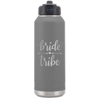 Laser etched dark gray 32 oz vacuum insulated water bottle with 'Bride Tribe' design