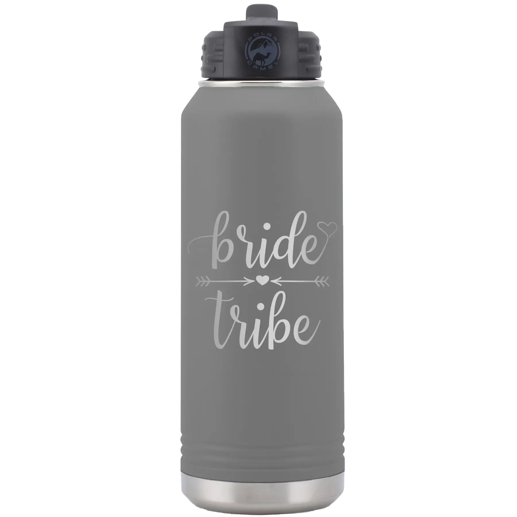 Laser etched dark gray 32 oz vacuum insulated water bottle with 'Bride Tribe' design