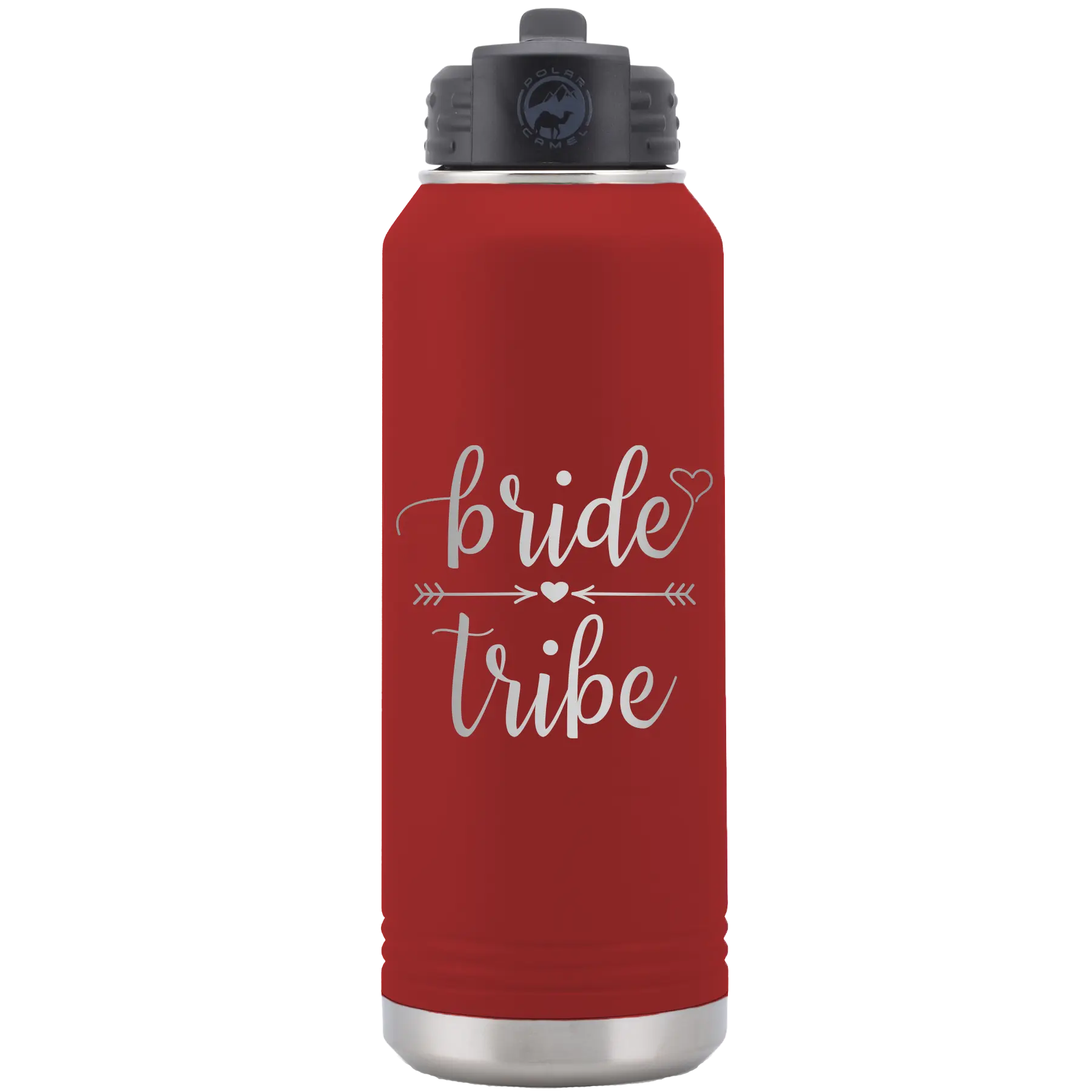 Laser etched maroon 32 oz vacuum insulated water bottle with 'Bride Tribe' design