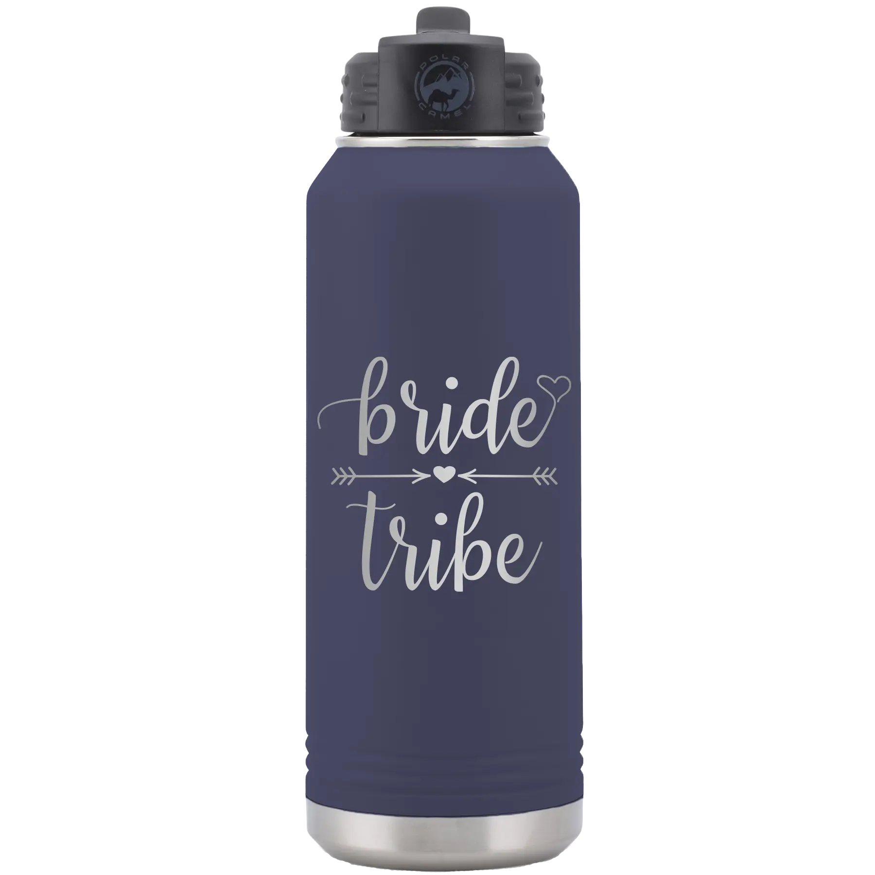 Laser etched navy 32 oz vacuum insulated water bottle with 'Bride Tribe' design