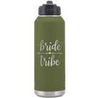 Laser etched olive green 32 oz vacuum insulated water bottle with 'Bride Tribe' design