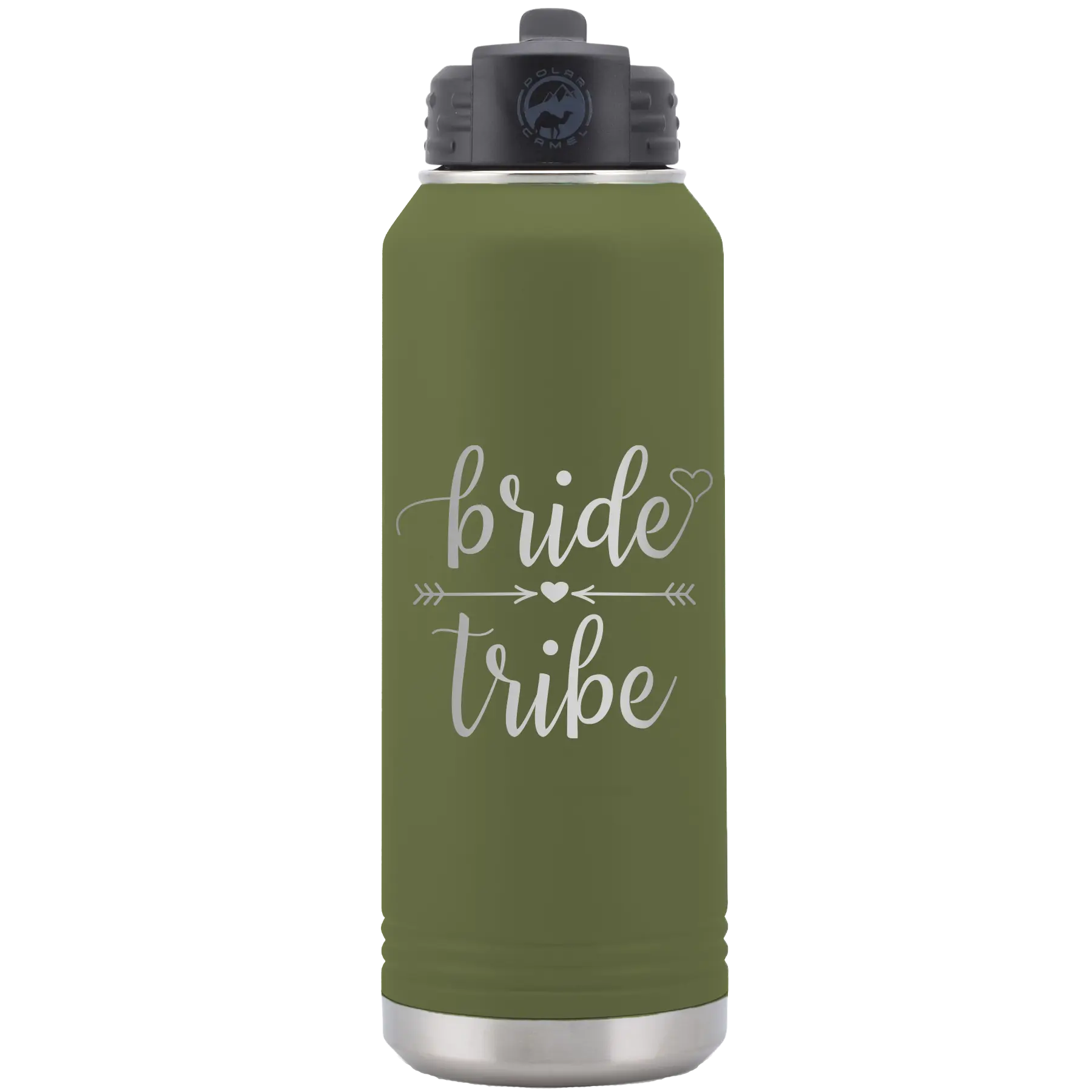 Laser etched olive green 32 oz vacuum insulated water bottle with 'Bride Tribe' design