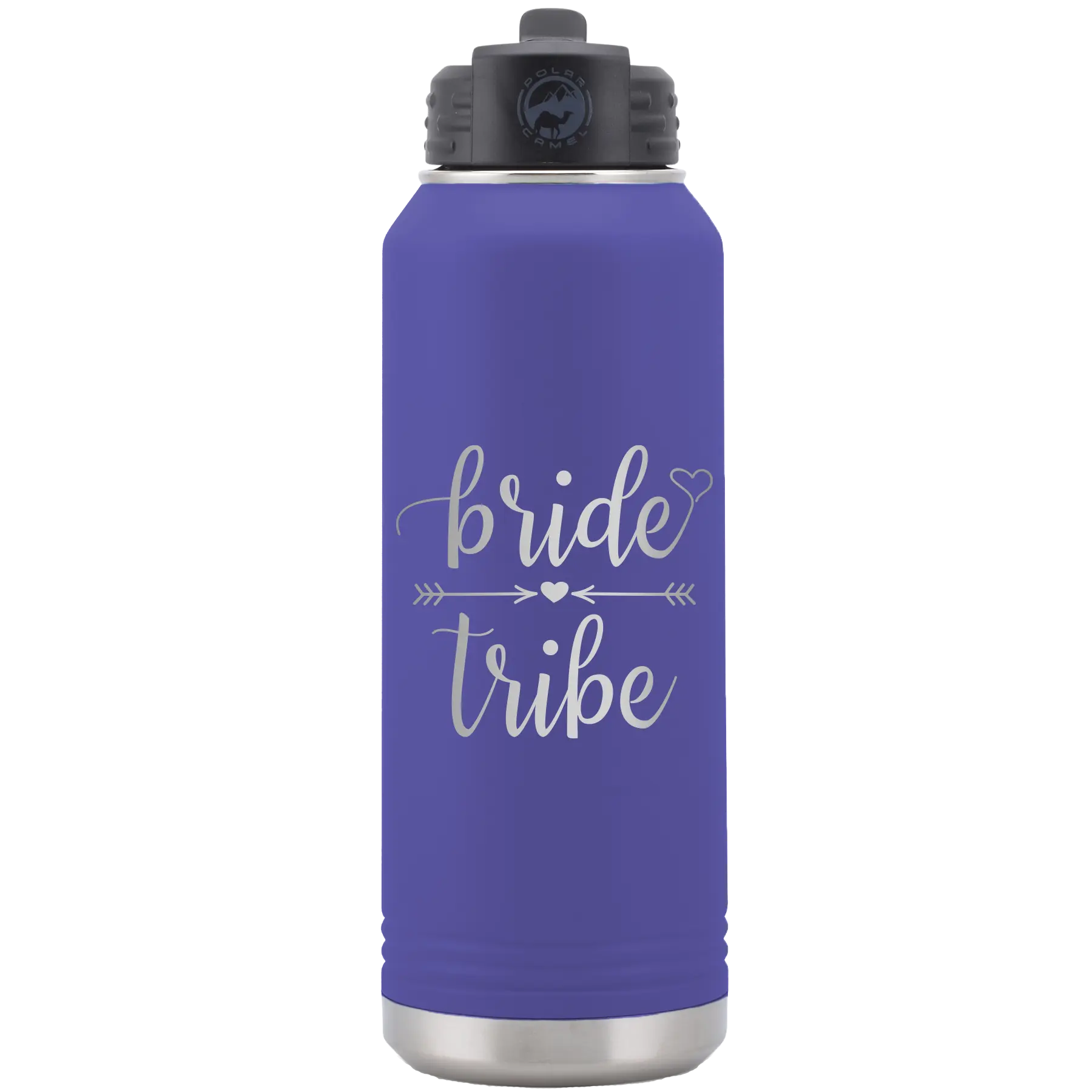 Laser etched purple 32 oz vacuum insulated water bottle with 'Bride Tribe' design