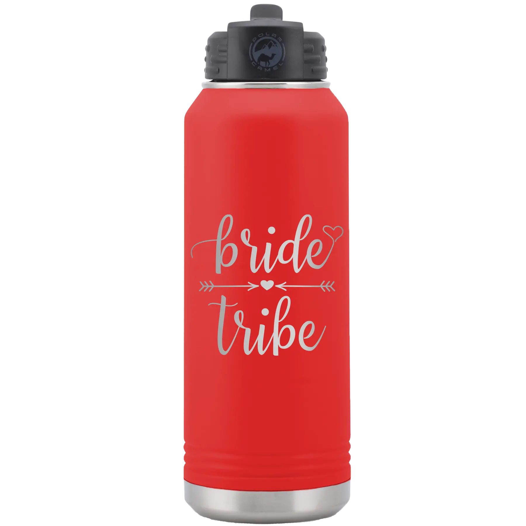 Laser etched red 32 oz vacuum insulated water bottle with 'Bride Tribe' design