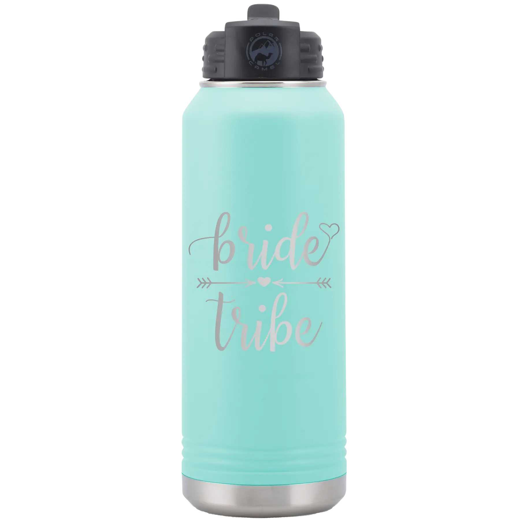 Laser etched teal 32 oz vacuum insulated water bottle with 'Bride Tribe' design