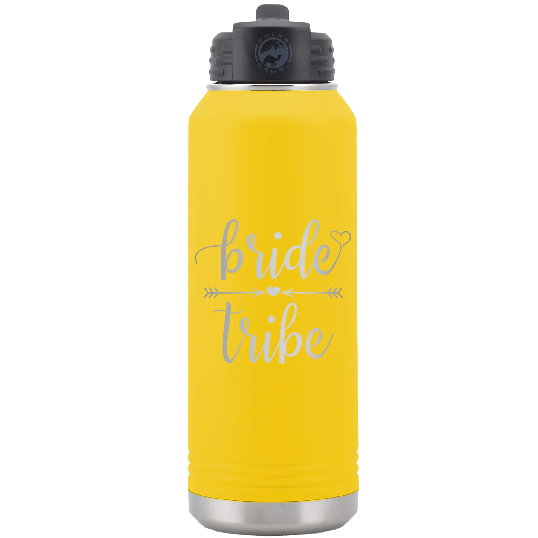 Laser etched yellow 32 oz vacuum insulated water bottle with 'Bride Tribe' design