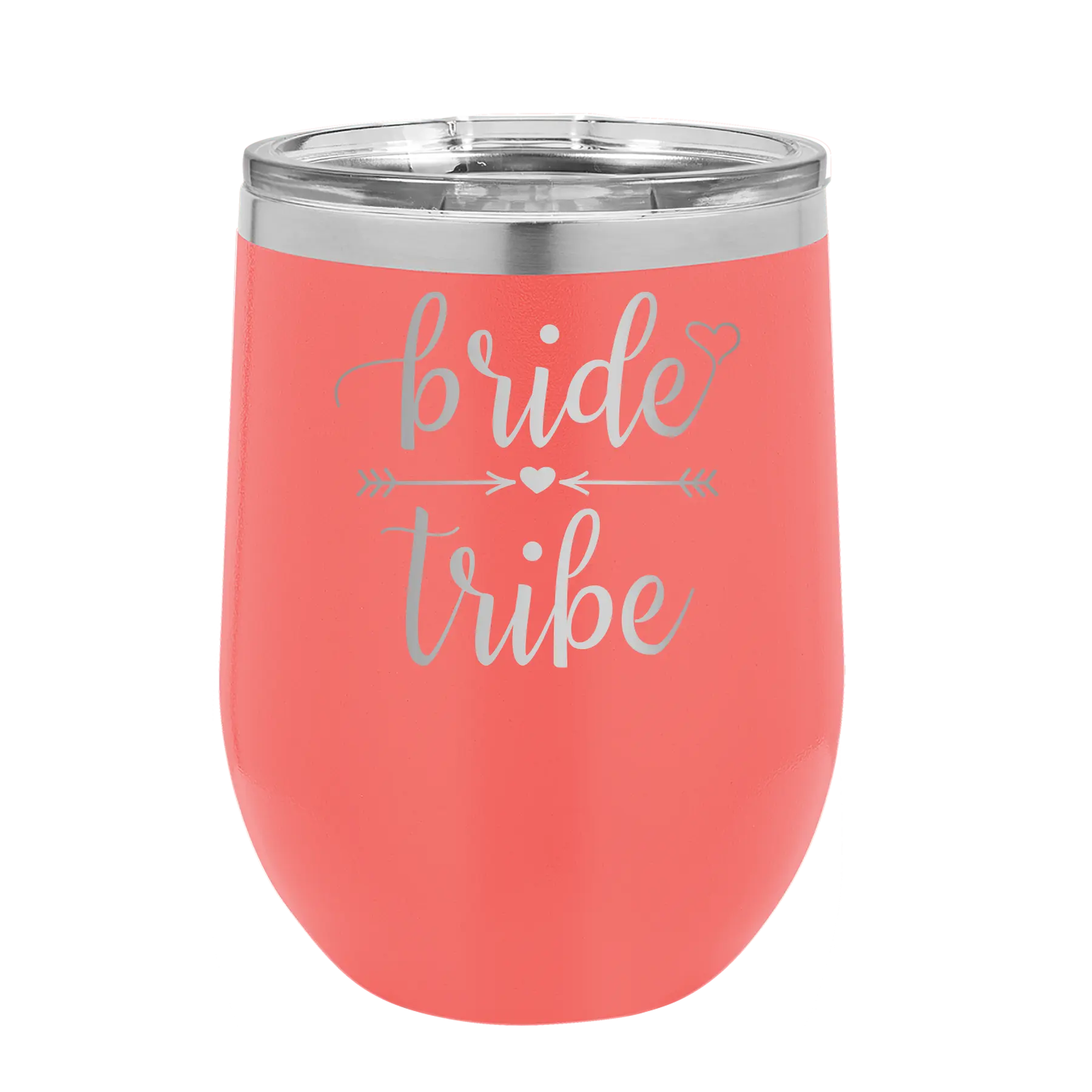 Laser etched coral 12 oz vacuum insulated wine cup with 'Bride Tribe' design