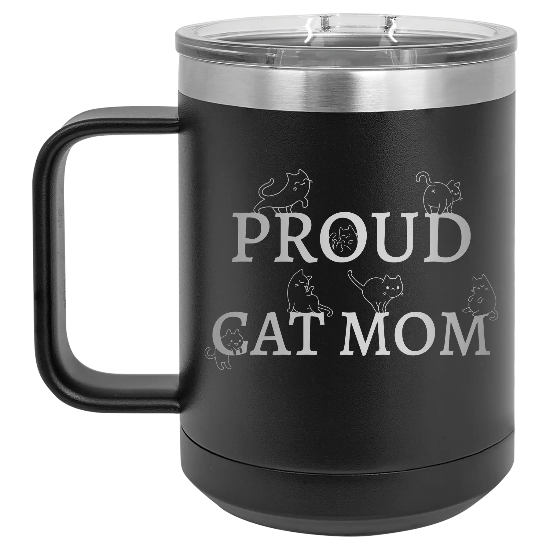 Laser etched black 15 oz vacuum insulated coffee mug with 'Proud Cat Mom' design