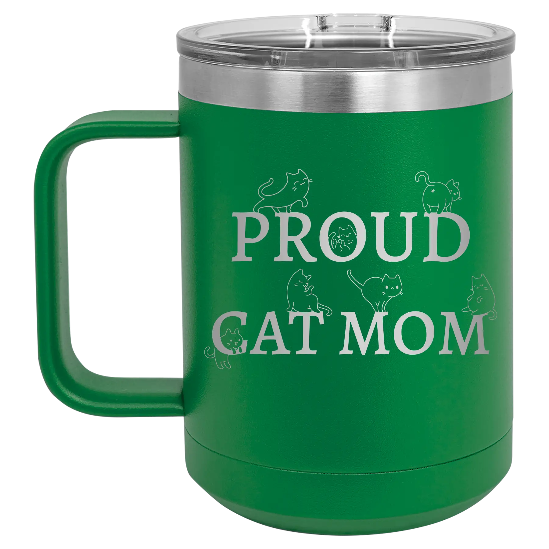 Laser etched green 15 oz vacuum insulated coffee mug with 'Proud Cat Mom' design