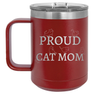 Laser etched maroon 15 oz vacuum insulated coffee mug with 'Proud Cat Mom' design