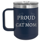 Laser etched navy 15 oz vacuum insulated coffee mug with 'Proud Cat Mom' design