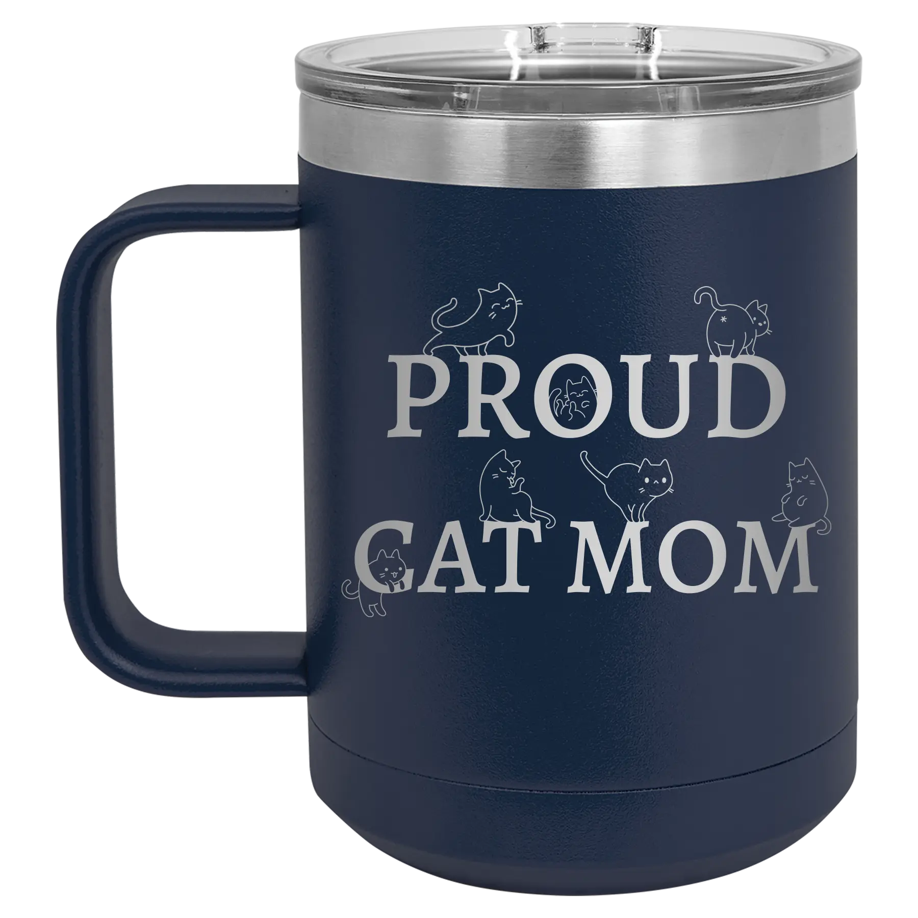 Laser etched navy 15 oz vacuum insulated coffee mug with 'Proud Cat Mom' design