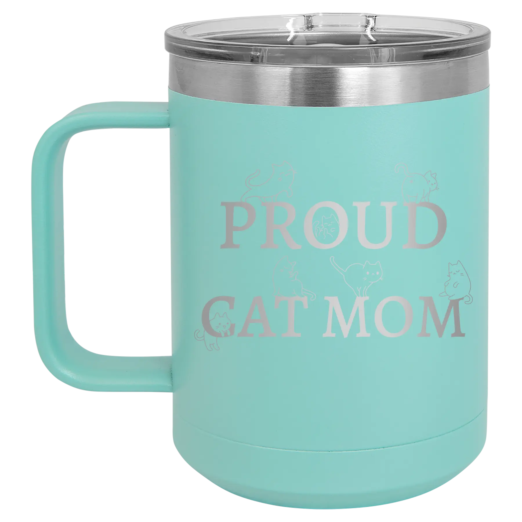 Laser etched teal 15 oz vacuum insulated coffee mug with 'Proud Cat Mom' design