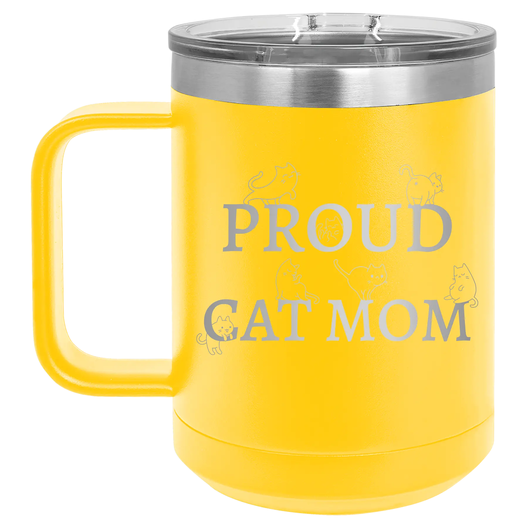 Laser etched yellow 15 oz vacuum insulated coffee mug with 'Proud Cat Mom' design