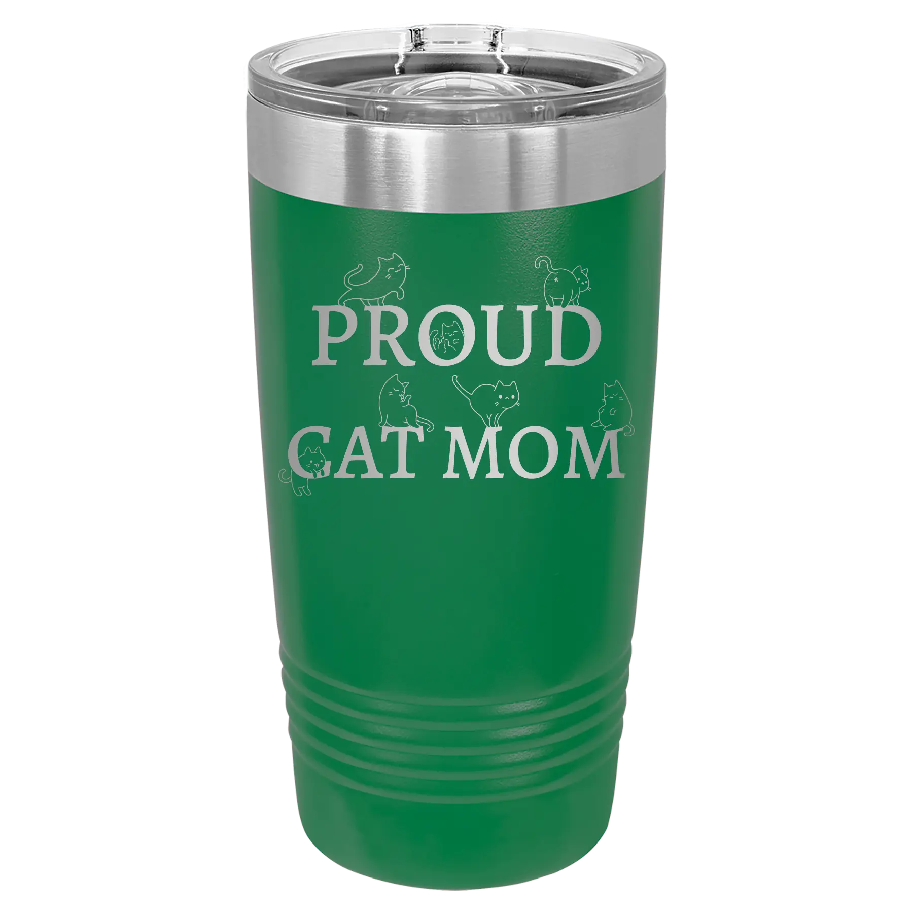 Laser etched green 20 oz vacuum insulated tumbler with 'Proud Cat Mom' design