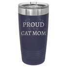 Laser etched navy 20 oz vacuum insulated tumbler with 'Proud Cat Mom' design