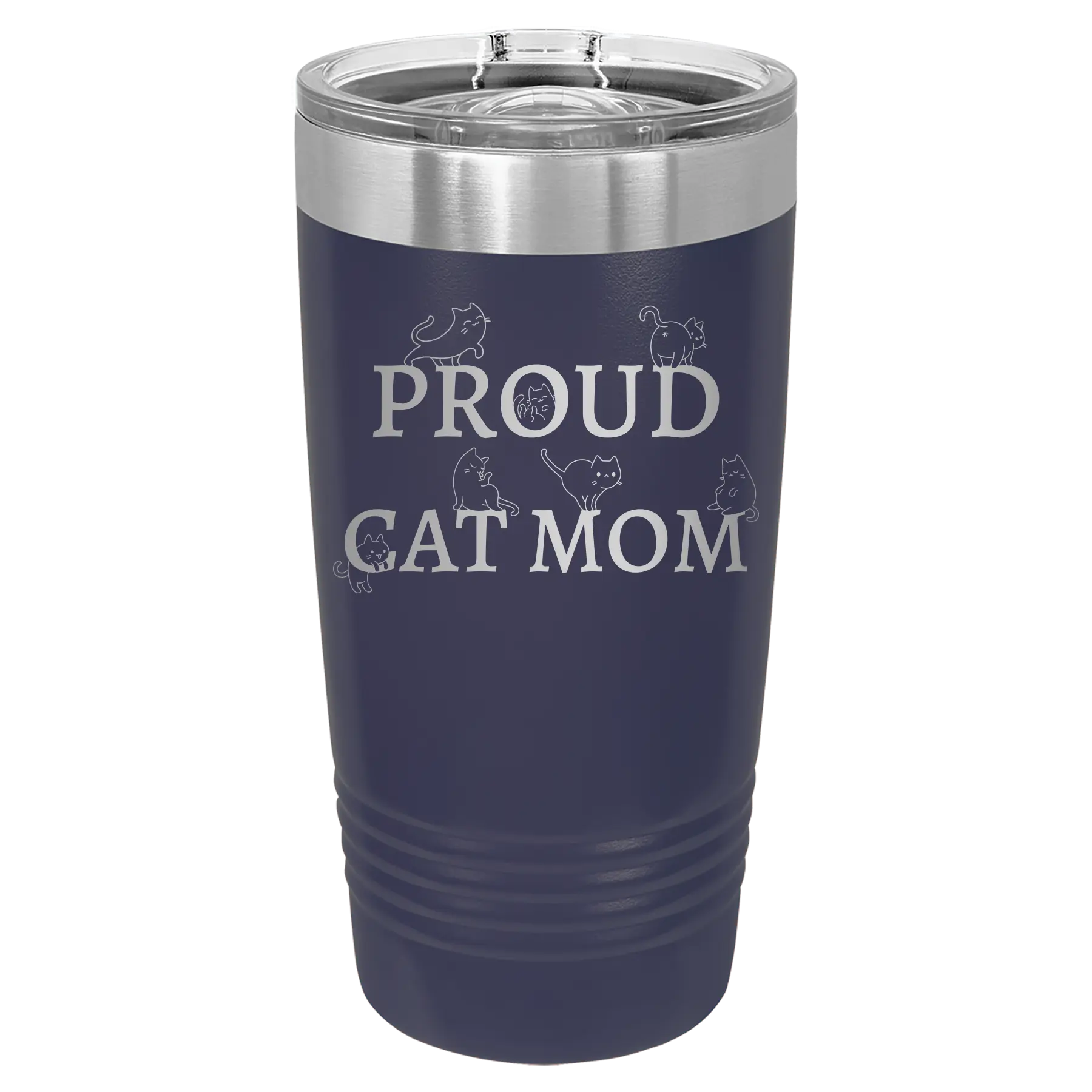 Laser etched navy 20 oz vacuum insulated tumbler with 'Proud Cat Mom' design