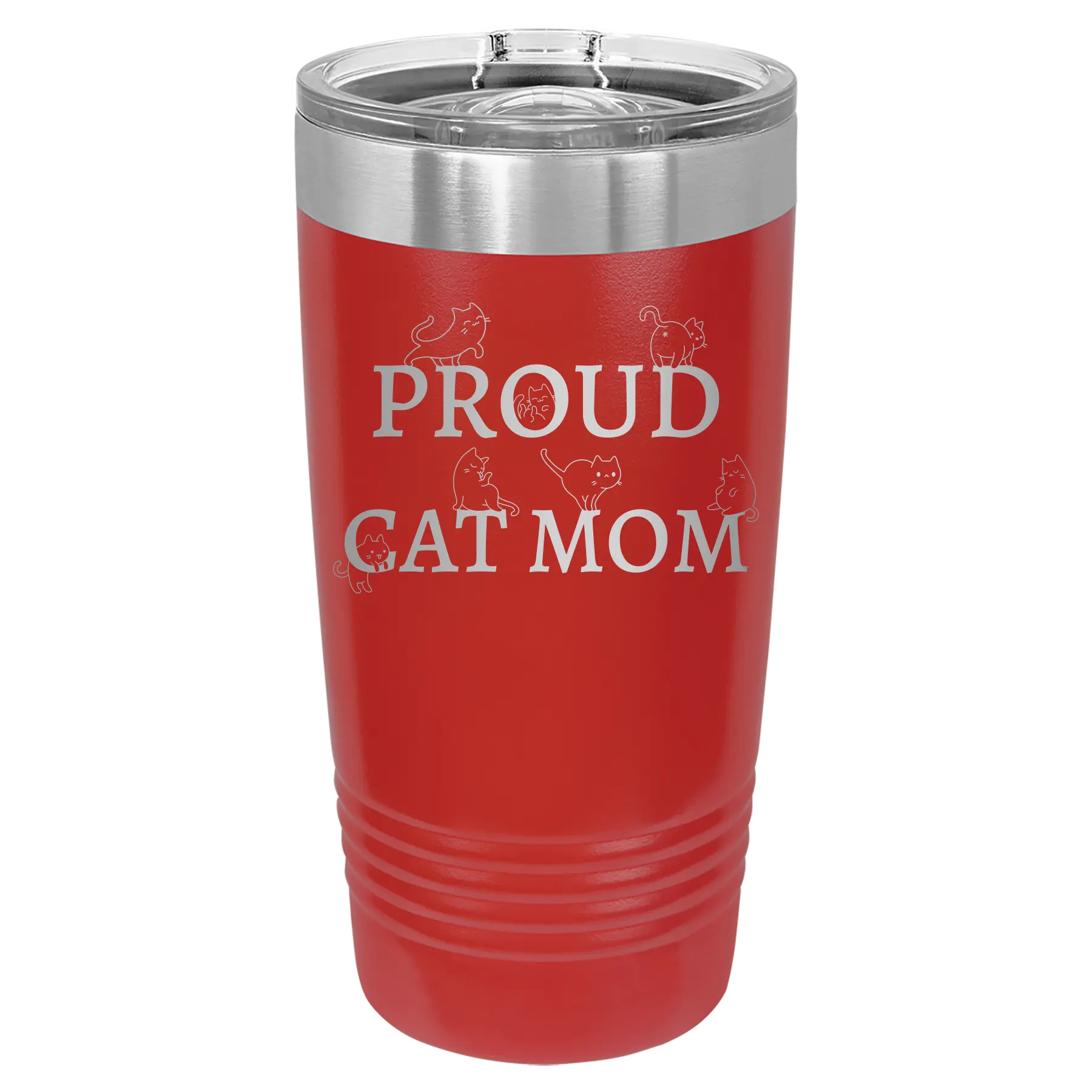 Laser etched red 20 oz vacuum insulated tumbler with 'Proud Cat Mom' design