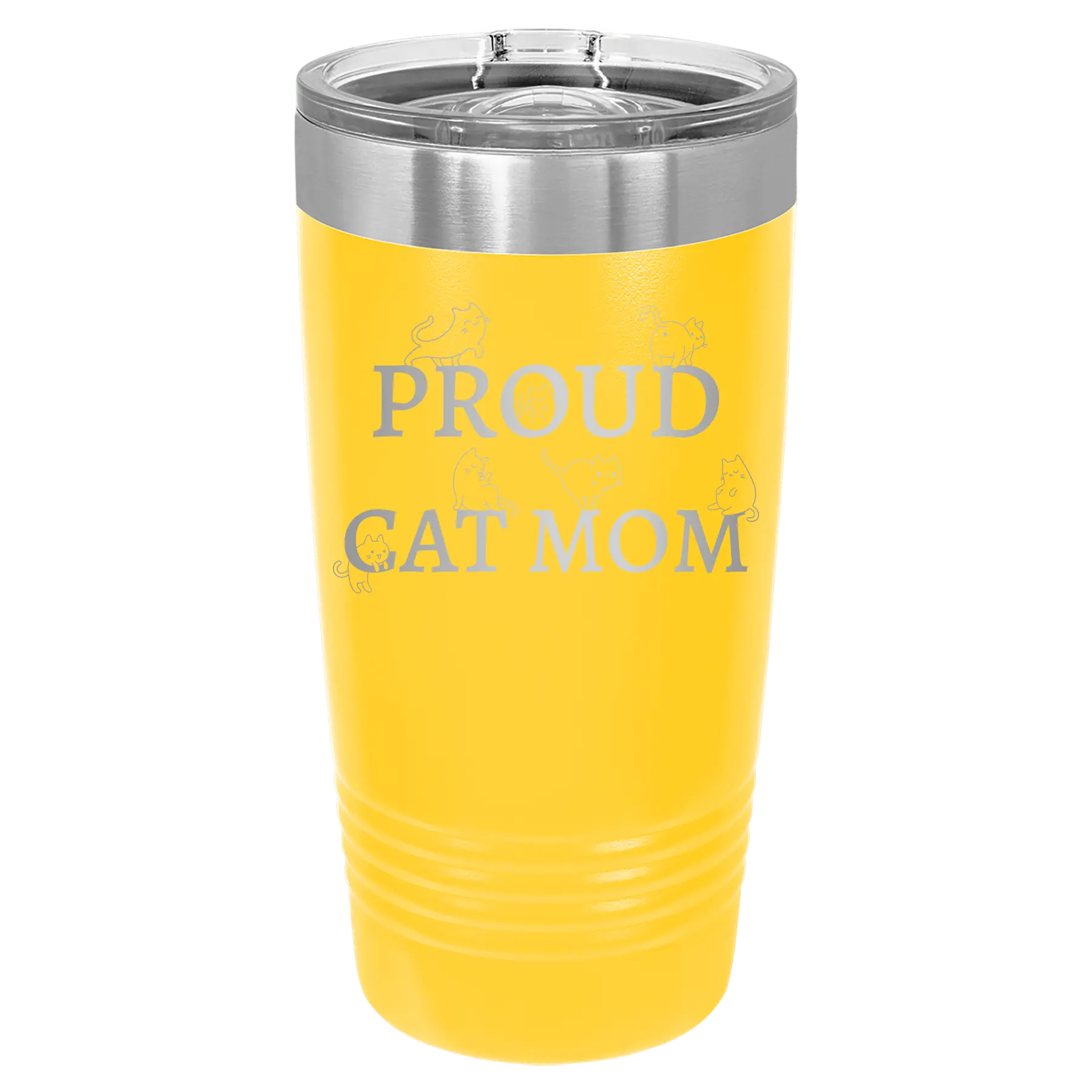 Laser etched yellow 20 oz vacuum insulated tumbler with 'Proud Cat Mom' design