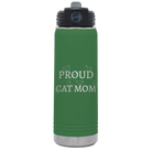 Laser etched green 20 oz vacuum insulated water bottle with 'Proud Cat Mom' design