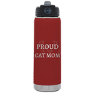Laser etched maroon 20 oz vacuum insulated water bottle with 'Proud Cat Mom' design