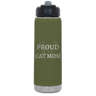 Laser etched olive green 20 oz vacuum insulated water bottle with 'Proud Cat Mom' design